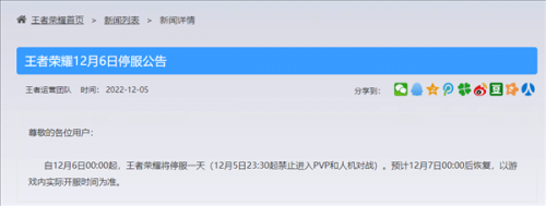 腾讯英雄联盟、王者荣耀、和平精英等多款游戏12月6日将停机停服一天