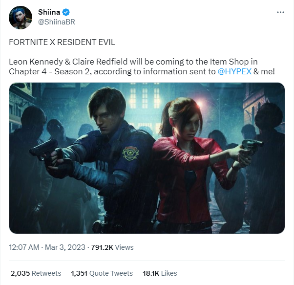 《堡垒之夜》将推出《生化危机》里昂、克莱尔联动皮肤(《堡垒之夜》手机版国际服下载)