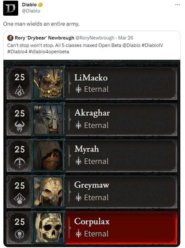 《暗黑破坏神4》肝帝玩家达成全职业满级 官方点赞(暗黑破坏神4公测)