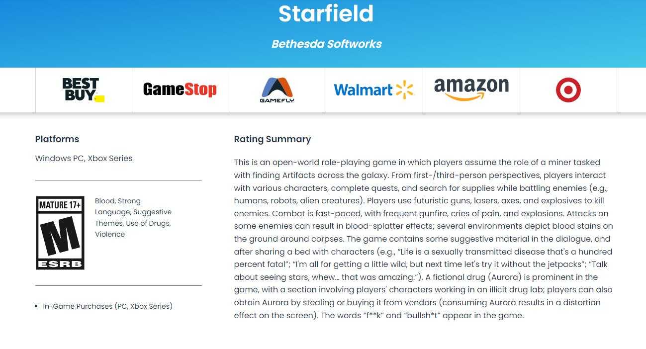 《星空》ESRB页面更新 更多细节曝光(《星空》确认在《红霞岛》之后发售)