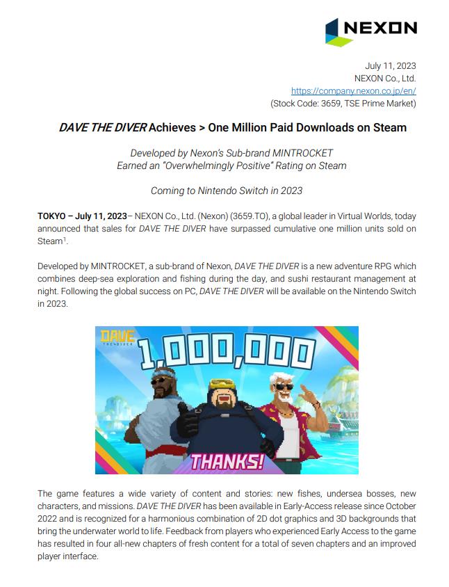 《潜水员戴夫》销量突破100万 年内登陆Switch(《潜水员戴夫》正式版预告)