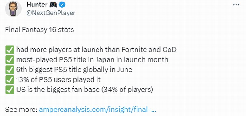 《最终幻想16》游戏数据显示：1/3的玩家来自美国(最终幻想16召唤兽排名)