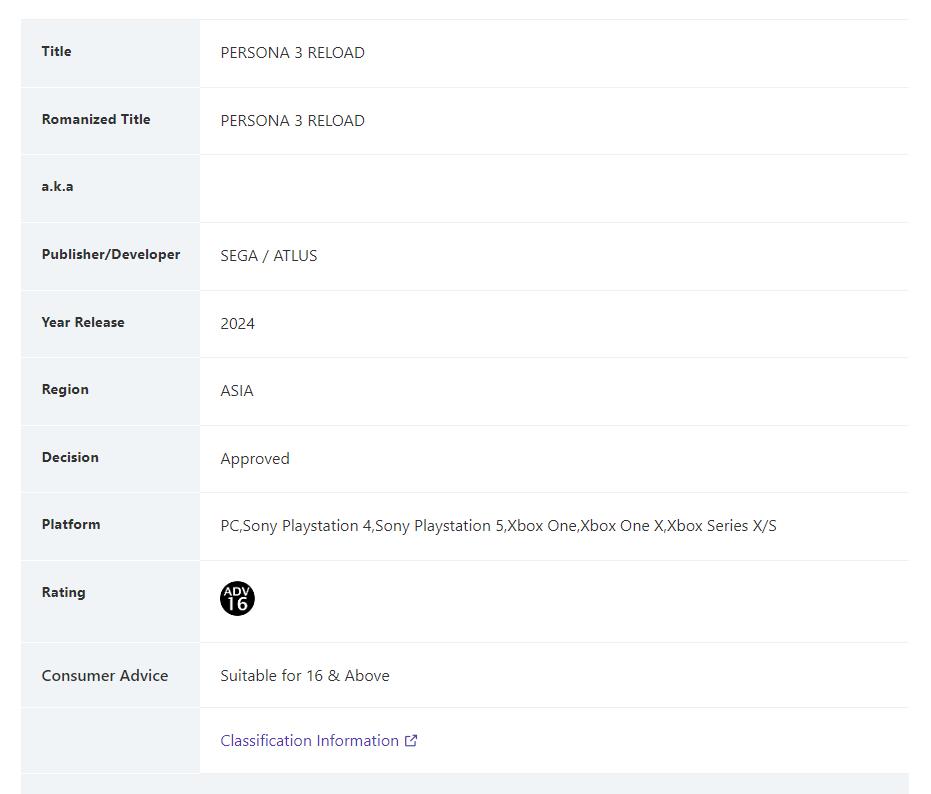 《女神异闻录3：Reload》在新加坡通过评级：成熟16+(女神异闻录3课堂答案)