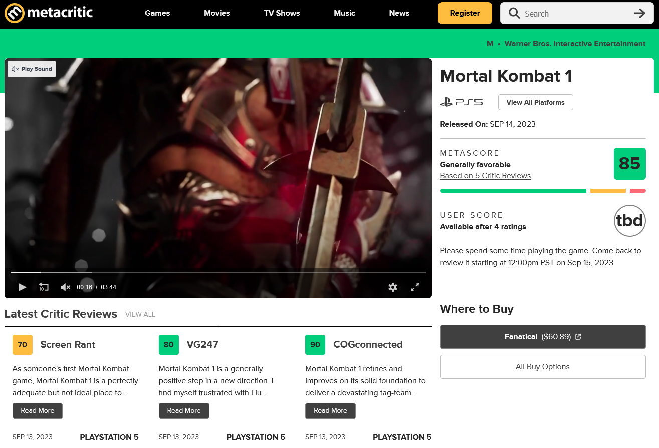 《真人快打1》媒体评分解禁M站均分85分