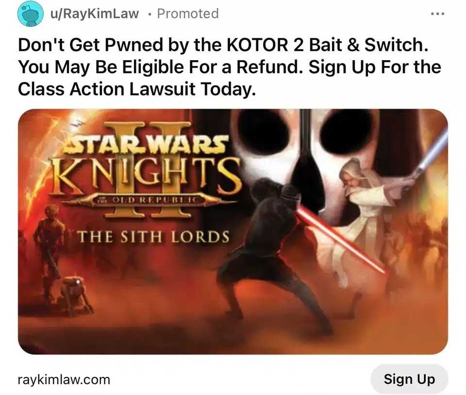 《星球大战：旧共和国武士2》DLC问题引发集体诉讼(星球大战旧共和国武士2)