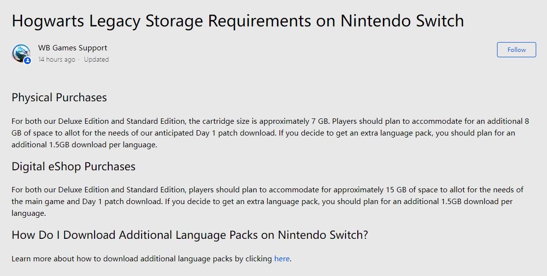《霍格沃茨之遗》Switch版首日补丁8GB比游戏本体还大(霍格沃茨之遗调查妖精的存在)
