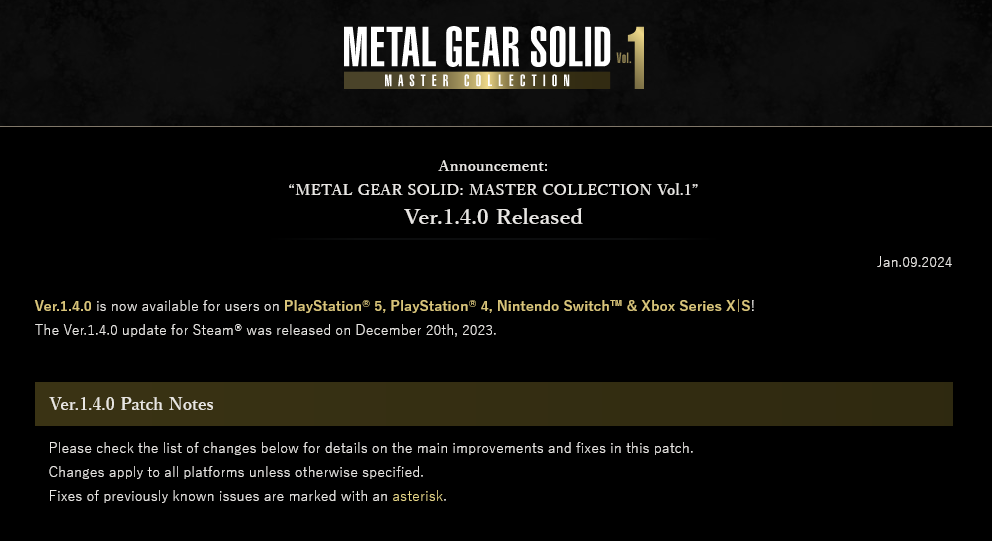 《合金装备：大师合集Vol.1》主机版v1.4.0更新发布(合金装备大师合集)