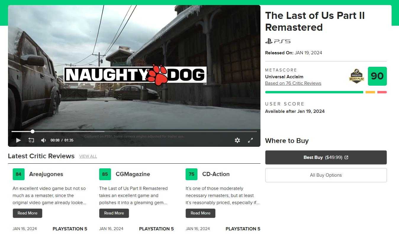 《最后的生还者2：复刻版》M站均分90媒体好评如潮(最后的生还者2什么时候出pc版)